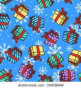 Seamless pattern with Christmas presents and snowflakes