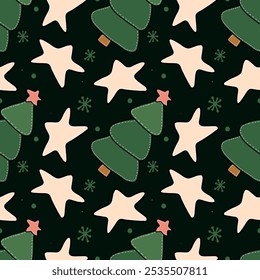 Seamless pattern of Christmas products and gifts. A playful, modern hand-drawn drawing. Soft toys made of fabric.