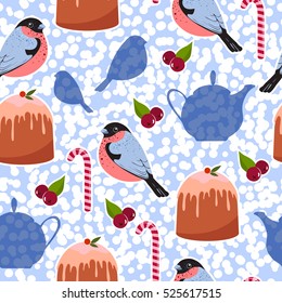 Seamless pattern with Christmas pudding, bullfinch, teapot etc