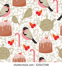 Seamless pattern with Christmas pudding, bullfinch, teapot etc