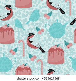 Seamless pattern with Christmas pudding, bullfinch, teapot, candy cane, berries and snow.