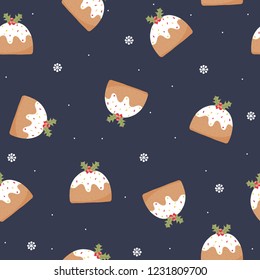 Seamless pattern with Christmas pudding and holly berries. Holiday background. Vector hand drawn illustration.