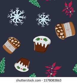 Seamless pattern with Christmas pudding, panettone, poinsettia and snowflakes. Cute endless background New year and Christmas.