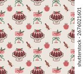 Seamless pattern with Christmas pudding, pink holiday cocktail with berries and bow, cinnamon sticks and citrus slices. Festive hand-drawn vector design