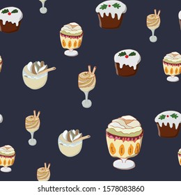 Seamless pattern with Christmas pudding, trifle pudding and eggnog. Cute endless background New year and Christmas. Vector illustration.