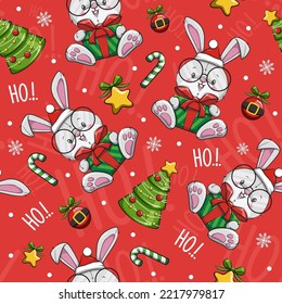 Seamless Pattern Christmas With Rabbit Santa Claus, Cute Cartoon Illustration