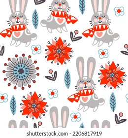 Seamless pattern christmas rabbits and flowers on white background vector illustration. For print and design of Christmas products, greeting cards, wrapping paper, fabric, porcelain, bed linen, decor