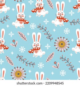 Seamless pattern christmas rabbits and flowers on blue background vector illustration. For print and design of Christmas products, greeting cards, wrapping paper, fabric, porcelain, bed linen, decor