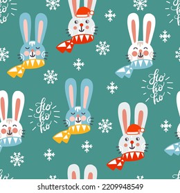Seamless pattern christmas rabbits and snowflakes on turquoise background vector illustration. For print and design , greeting cards, wrapping paper, fabric, porcelain, bed linen, decor