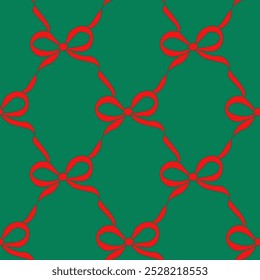 Seamless pattern with Christmas red bows on a green background. Cute print for textile, wallpaper, wrapping. Vector illustration