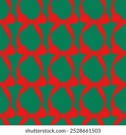 Seamless pattern with Christmas red bows on a green background. Cute print for textile, wallpaper, wrapping. Vector illustration