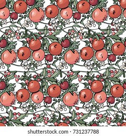 Seamless pattern with christmas red fruits and forest fir branches. Green and  red color, hand drawn. Endless texture for festive season design.