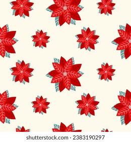 Seamless pattern with Christmas red poinsettia on isolated background. Holiday design for Christmas home decor, holiday greetings, Christmas and New Year celebration. 