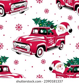 Seamless Pattern of Christmas Red Truck With Cute Santa Claus and Christmas wordings- Christmas Vector Design