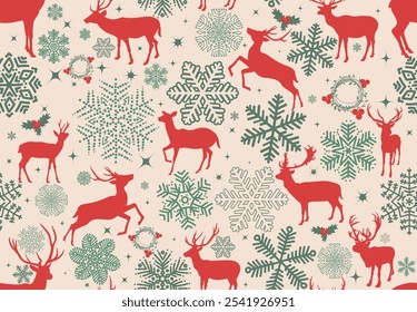 Seamless pattern Christmas with reindeer and snowflakes. Vintage Christmas reindeer pattern pastel red, green, white color. Winter holiday background, seamless pattern decoration. Vector illustration.