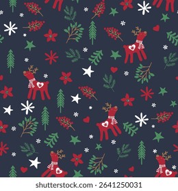 Seamless pattern Christmas with reindeer and snowflakes. Vintage Christmas reindeer pattern pastel red, green, white color. Winter holiday dark blue background, 