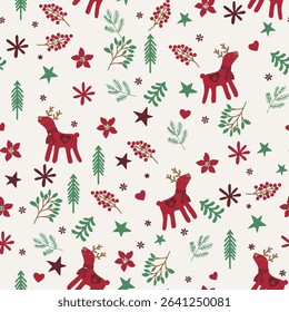 Seamless pattern Christmas with reindeer and snowflakes. Vintage Christmas reindeer pattern pastel red, green, white color. Winter holiday half white background, 