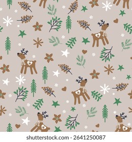 Seamless pattern Christmas with reindeer and snowflakes. Vintage Christmas reindeer pattern pastel red, green, white color. Winter holiday grey beige background, 