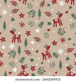 Seamless pattern Christmas with reindeer and snowflakes. Vintage Christmas reindeer pattern pastel red, green, white color. Winter holiday beige background, 