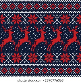 seamless pattern with christmas reindeer. tribal pattern. local fabric pattern. pixel pattern. cross stitch