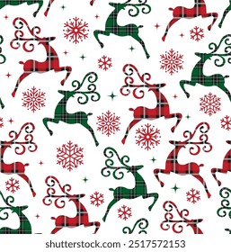Seamless Pattern of Christmas Reindeers with Plaid Pattern and Snowflakes. White Background- Christmas Vector Illustration Design