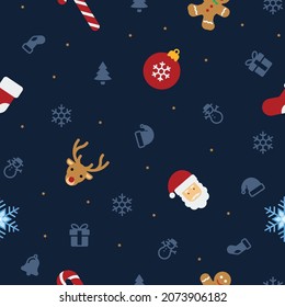 Seamless pattern of Christmas related stuff with stars on dark blue background.