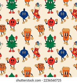  Patrón sin problemas con los personajes de la mascota de la colección de dibujos retro de Navidad. Hombre de nieve, árbol de Navidad, medias, copa, elementos de vacaciones de pelota. Estilo de animación antiguo. Vector vintage.