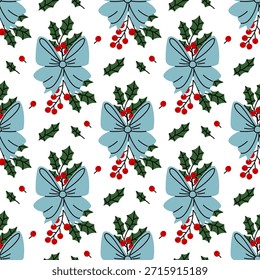 Seamless pattern with Christmas ribbon blue bows and green holly branches with red berries. Flat-style texture for wrapping holiday gifts, festive home decor, or winter season backgrounds.