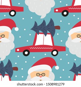 Seamless pattern for Christmas with Santa Claus and car with christmas tree. Cute pattern for gift wrapping paper, t-shirts, greeting cards. Vector illustration. Scandinavian style.