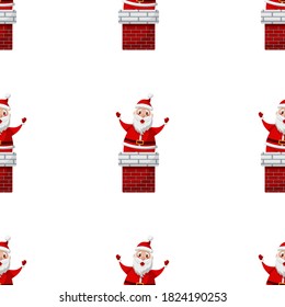Seamless pattern for Christmas with Santa Claus and traditional chimney. Childish background. Vector Illustration on transparent background
