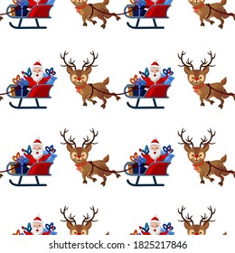Seamless pattern for Christmas with Santa Claus on Sleigh and His Reindeers. Childish background. Vector Illustration on transparent background