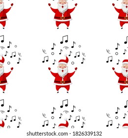 Seamless pattern for Christmas with Santa Claus and musical notes. Childish background. Vector Illustration on transparent background