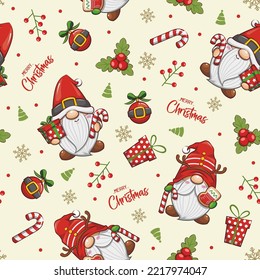 Seamless Pattern Christmas Santa Claus And Gnomes, Cute Cartoon Illustration