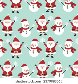 Seamless Pattern Christmas Santa Claus and Snowman. Cute seamless Christmas holidays cartoon character background. 