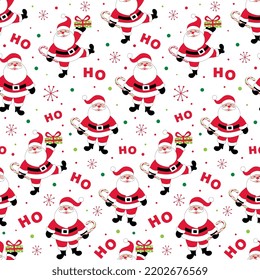 Seamless pattern of Christmas Santa clause with Ho Ho Ho text, gift and candy cane- Christmas vector design 