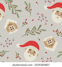 Seamless pattern christmas santa, gingerbread house