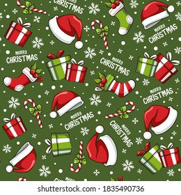 Seamless Pattern Christmas Santa Hat, Sock, Gift Box, And Candy