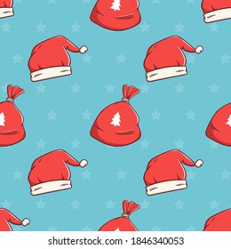 seamless pattern christmas santa hat and gift bag