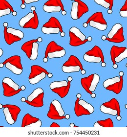 Seamless Pattern With Christmas Santa  Hats For Wrapping Paper, Cards, Bags, Etc. Blue Background. 