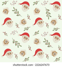Seamless pattern with christmas santa, plants