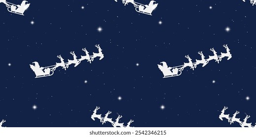 Seamless Pattern Christmas Santa Reindeer Sleigh Silhouette in The Night Sky