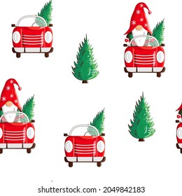 Seamless pattern with christmas scandinavian gnome in truck and new year tree. Holiday wrapping paper and print. Vector illustration