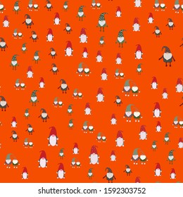Seamless pattern with Christmas scandinavian gnomes. Beautiful festive design with elves decorations. For wrapping paper, textiles, fabric. Flat cartoon style vector illustration.