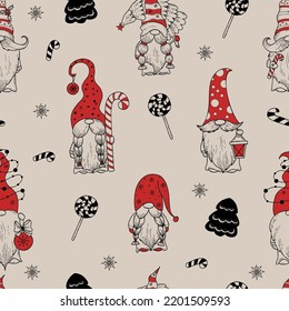 Seamless pattern. Christmas scandinavian gnomes with caramel stick, lollipop, lantern and christmas tree on background with snowflakes. Vector linear Pattern, hand doodle style.