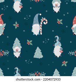 Seamless pattern with Christmas scandinavian gnomes with caramel stick and christmas tree on emerald background with New Years mistletoe and snowflakes. Vector illustration. cartoon cute style