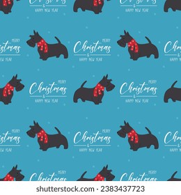 Seamless pattern with Christmas Scottish terrier in hand drawn style. Greeting text Merry Christmas and Happy New Year. Background for wrapping paper, greeting cards and seasonal designs