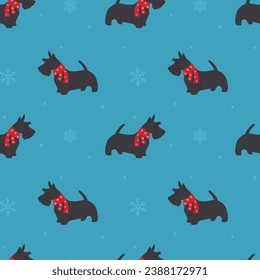 Seamless pattern with Christmas Scottish terrier in hand drawn style. Background for wrapping paper, greeting cards and seasonal designs