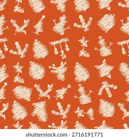 Padrão sem costura Natal Scribble Silhueta Ícones Cor de fundo laranja. Ilustração de vetor