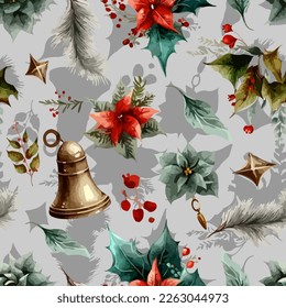 Patrón sin inconvenientes de la puesta de Navidad, campana, holly. Vector. en la ilustración de material de color de agua eps10.