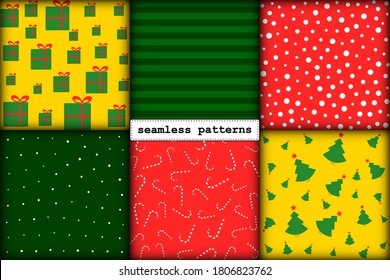 seamless pattern Christmas set of minimalism hand-drawn New Year elements in traditional festive red green gold color palette. endless illustration for packaging wrapping paper cards gift boxes